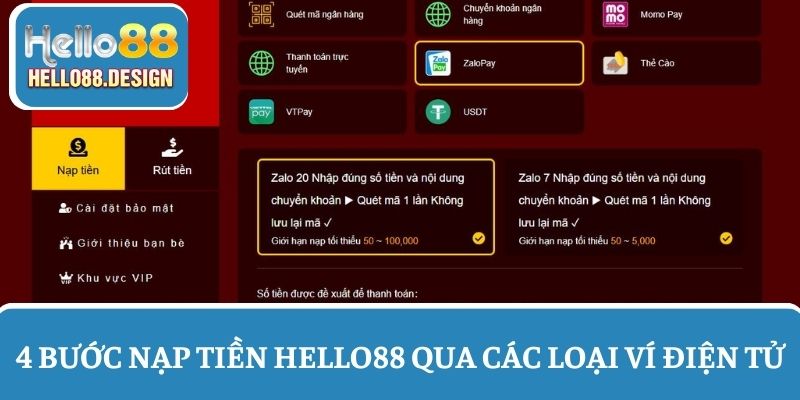 Hướng dẫn nạp tiền Hello88 qua các loại ví điện tử