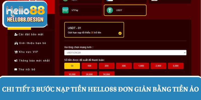 Nạp tiền Hello88 đơn giản bằng phương thức tiền ảo